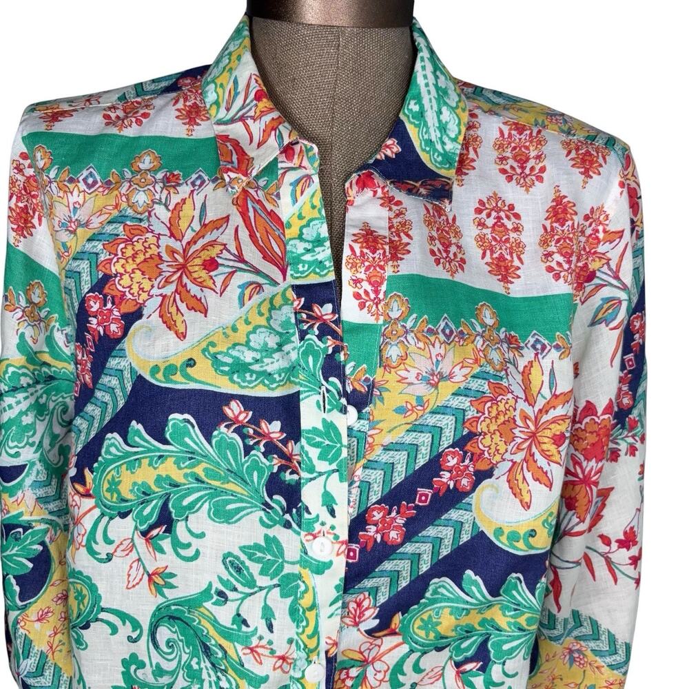 Chicos 100% Linen Top Women /size Large (Chico sz 2) Paisley Colorful 3/4 Sleeve